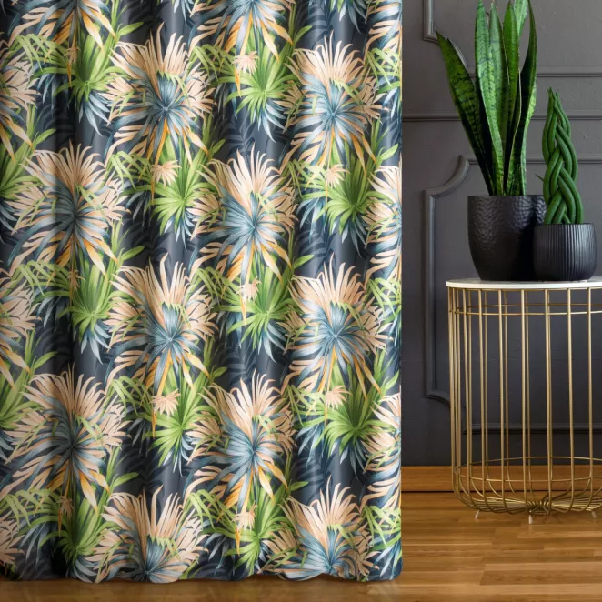Tkanina zasłonowa zaciemniająca typu blackout z motywem barwnych egzotycznych liści