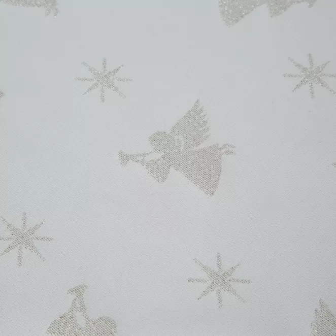 Obrus kremowy 135x180 cm z żakardowej tkaniny FLASH z motywem jasnozłotych aniołków