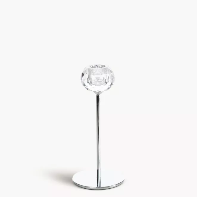 Świecznik dekoracyjny transparentny,srebrny o kryształowej okrągłej formie na smukłej nóżce średnnica 8x19 cm LARA