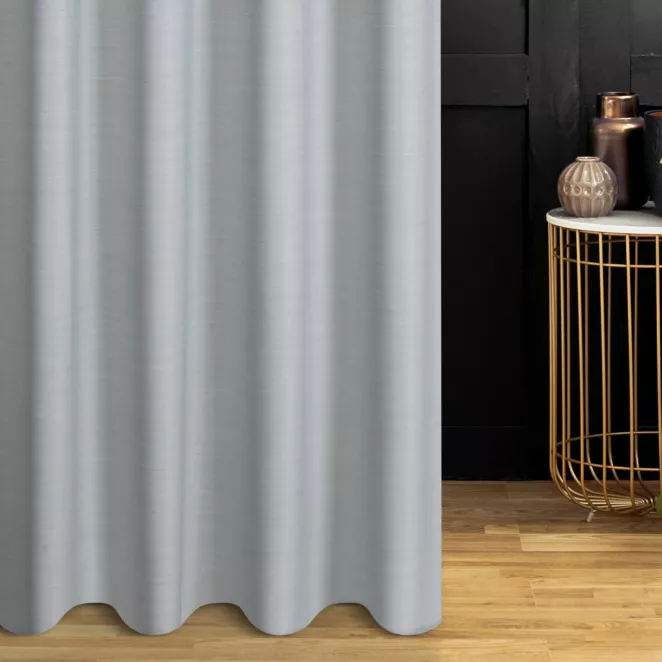 Zasłona szyta na taśmie 5 cm srebrna z miękkiej tkaniny o naturalnym splocie w stylu ekologicznym