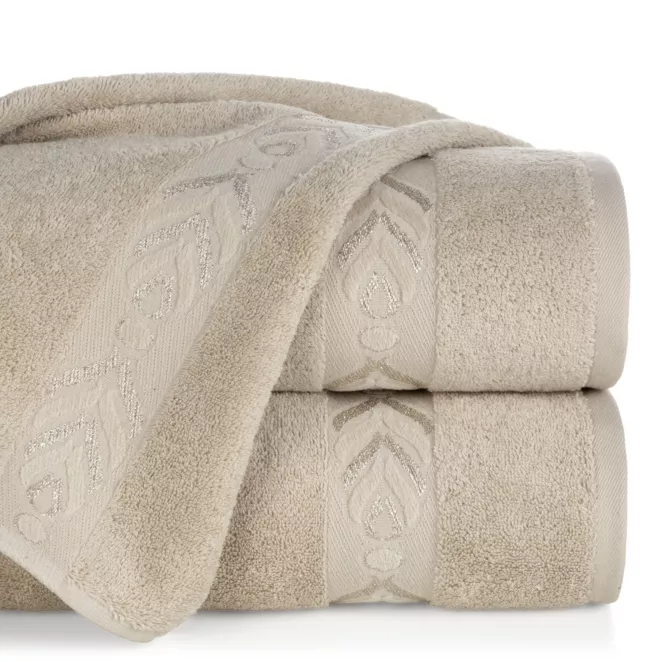 Ręcznik kąpielowy 50x90 cm bawełniany kolor beżowo, złoty zdobiony metaliczna nicią 500 g/m2 KALISTO