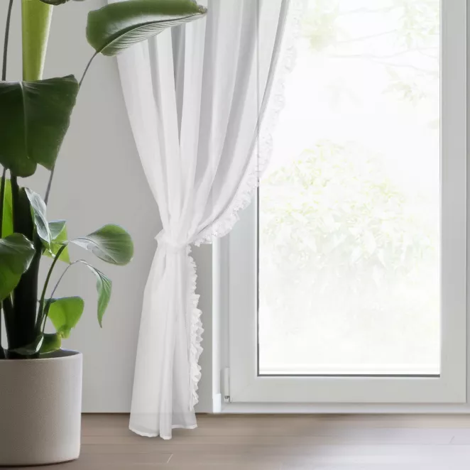 Komplet firan białych zdobionych aplikacją z gipiurą z perełkami 140x270 cm taśma+troczek ELENA