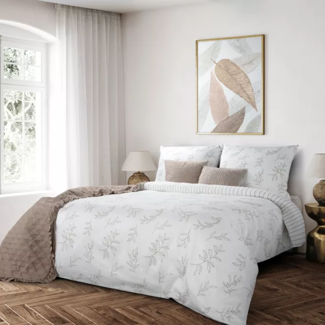 Pościel 140x200 cm komplet 2 częściowy z satyny bawełnianej kolor biało, beżowy zdobiona nadrukiem palmowych liści RAYA 1