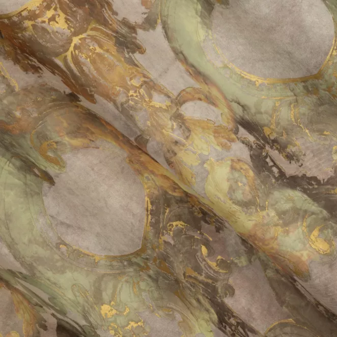 M218/5 Zasłona szyta na taśmie 5 cm beżowo złota z eleganckiej welwetowej tkaniny, pokryta pięknym, nowoczesnym ornamentem Italissima Eva Minge