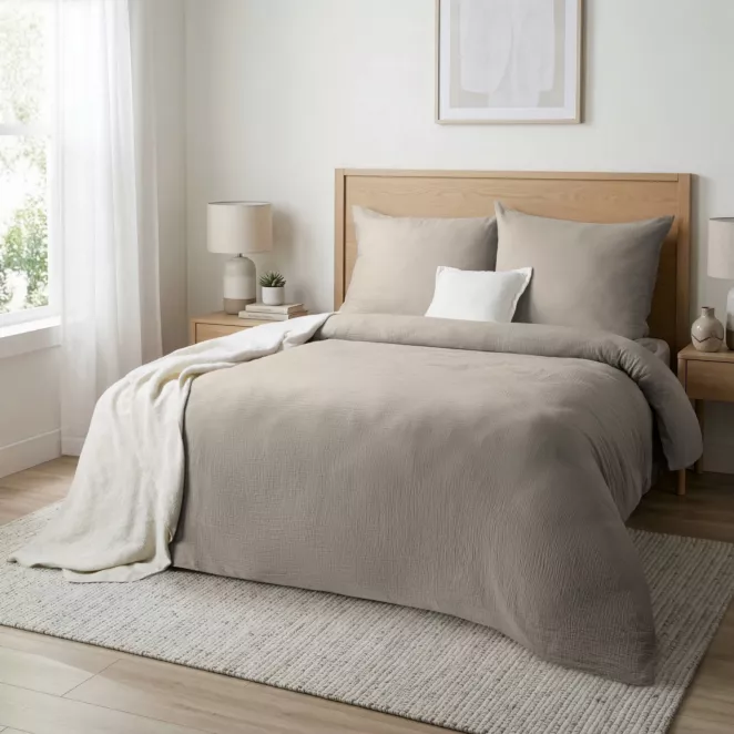 Pościel 160x200 cm komplet 3 częściowy muślin kolor ciemnobeżowy - MUSLIN