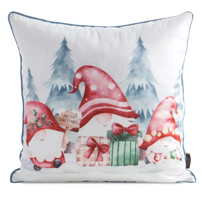Poszewka na poduszkę świąteczna 45x45 cm biało, czerwona zdobiona uroczym nadrukiem krasnali i elegancką wypustką