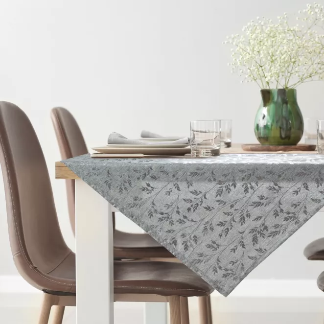 Bieżnik na stół srebrny 85x85 cm z przyjemnej tkaniny SIMONA zdobiony błyszczącym wzorem gałązek
