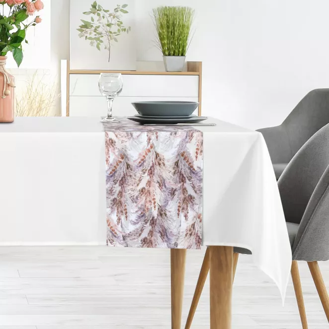Komplet obrus z bieżnikiem biało, jasnofioletowy 140x220 cm ANITA 4 zdobiony subtelnym wzorem trawy pampasowej