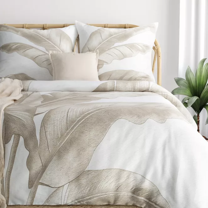 Pościel 140x200 cm komplet 2 częściowy satyna bawełniana kolor ciemnobeżowy, jasnokremowy zdobiony motywem roślinnym SPRING 102