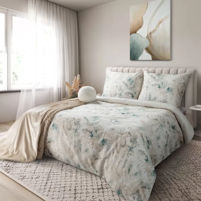 Pościel 220x200 cm komplet 3 częściowy satyna bawełniana kolor beżowy, ciemnoturkusowy zdobiony motywem liści SPRING 82