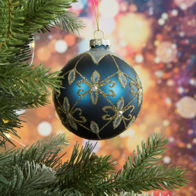 Szklana bombka ręcznie zdobiona brokatowym wzorem i kryształkami