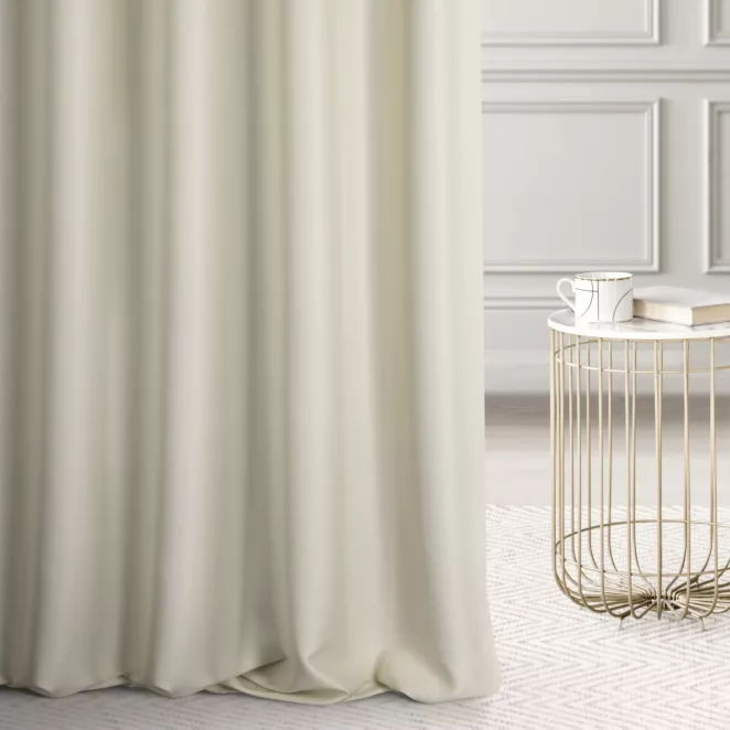 Zasłona szyta na taśmie 5 cm ciemnokremowa z tkaniny z dodatkiem połyskującej nici, z widocznym ozdobnym splotem