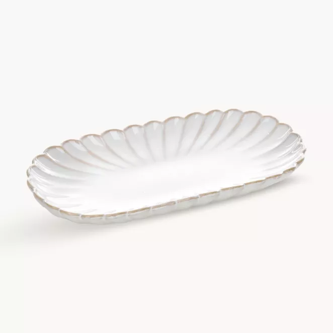 Patera ceramiczna dekoracyjna kremowo-beżowa z przecieranym wzorem w stylu eko 23x12x3 cm AVRIL