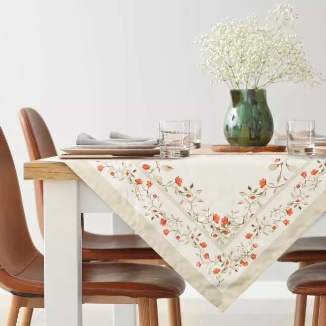 Obrus na stół  90x90 cm kremowo, ciemnopomarańczowy zdobiony letnim nadrukiem SUMMER 17