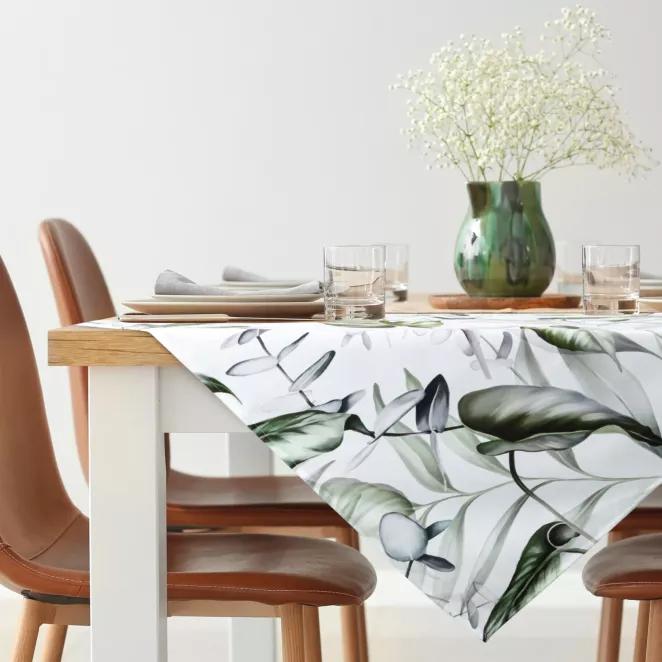 Bieżnik na stół biało, oliwkowy 85x85 cm welwetowy ELLEN zdobiony nadrukiem liści monstery DESIGN 92