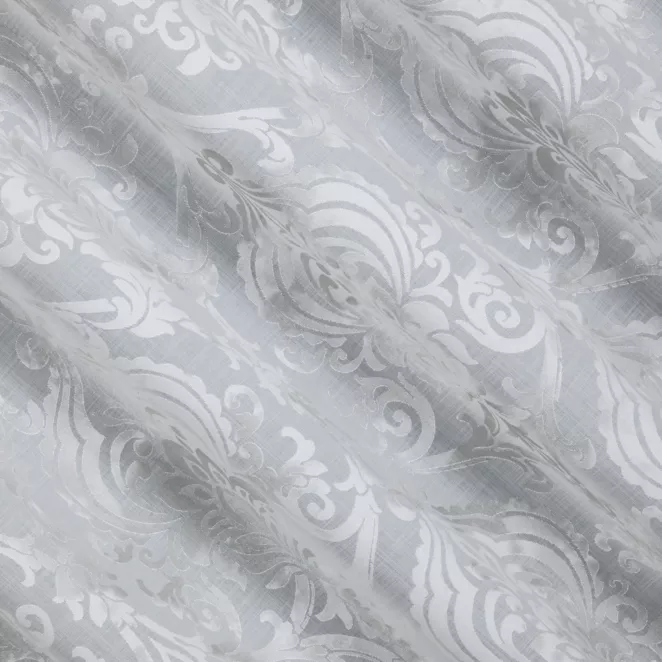 E36/2 Firana szyta na taśmie 5 cm naturalno szara z ekskluzywnej tkaniny z dodatkiem wiskozy w ornamentowy wzór, wykończona obciążnikiem Italissima Eva Minge