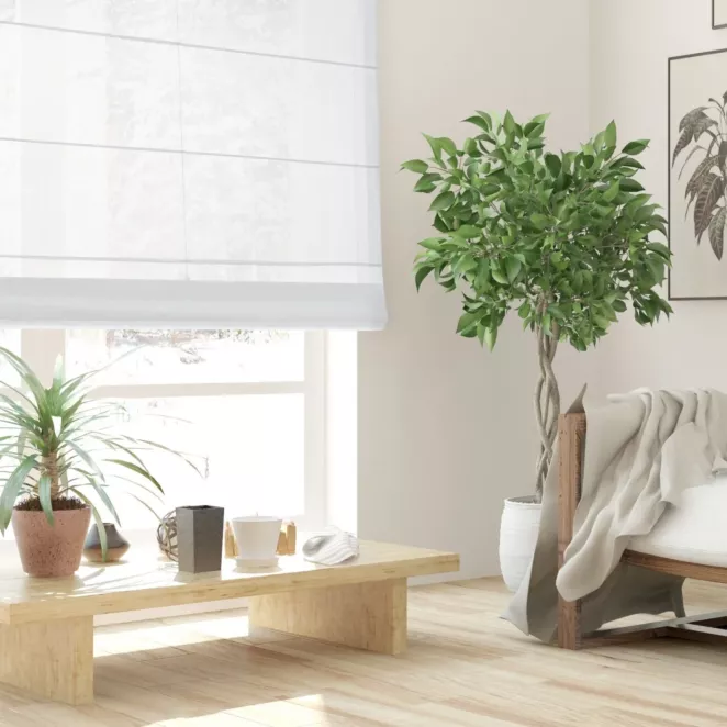 Roleta rzymska PADVA biała z delikatnej w dotyku połyskliwej tkaniny PERU, wykończona obciążnikiem