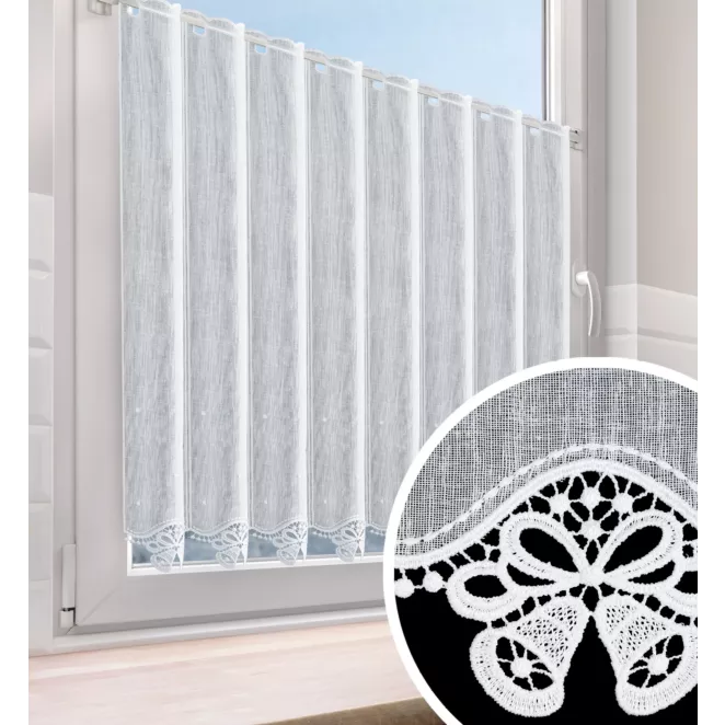 Tkanina firanowa zazdrostka z etaminy zdobiona świątecznym ażurowym haftem w formie dzwoneczków