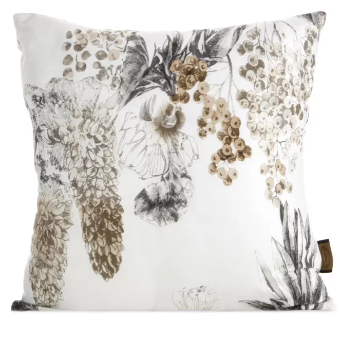 Poszewka na poduszkę 40x40 cm z satyny bawełnianej biało, stalowa zdobiona nadrukiem roślinnym SPRING 49