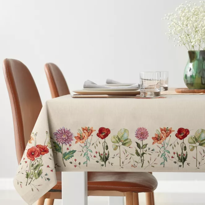 Obrus naturalno, czerwony 140x180 cm gobelinowy z motywem kwiatowym