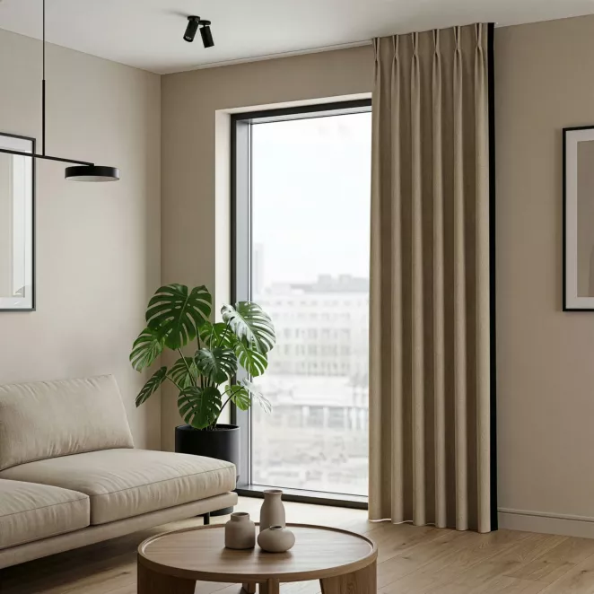 Zasłona beżowo, czarna 55x256 cm o widocznym grubym splocie z ozdobną obszywką flex 1:2