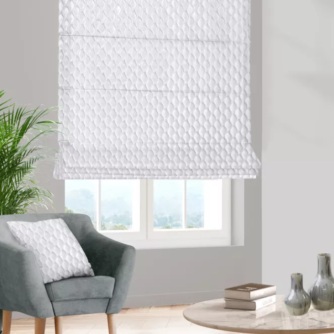 Roleta rzymska JEROME naturalna z tkaniny o symetrycznym wzorze 3D i lekkim połyskiem