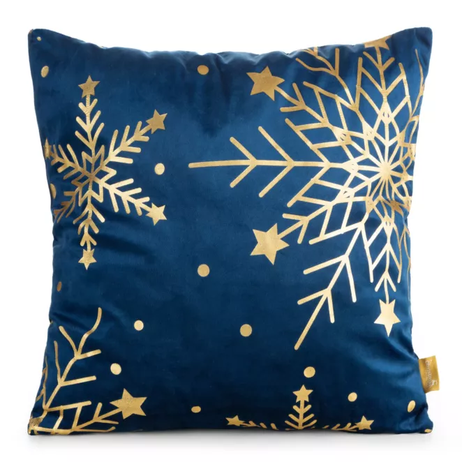 Poszewka na poduszkę świąteczna welwetowa 45x45 cm granatowa zdobiona nadrukiem szampańskich śnieżynek
