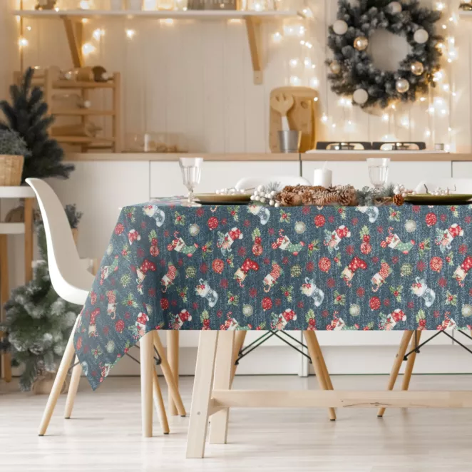 Obrus garantowo, złoty 140x180 cm gobelinowy GIFT z motywem świątecznym