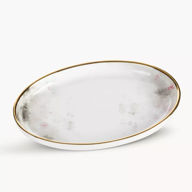 Patera dekoracyjna biało, srebrna zdobiona subtelnym wzorem 27x19x3 cm LUMIA