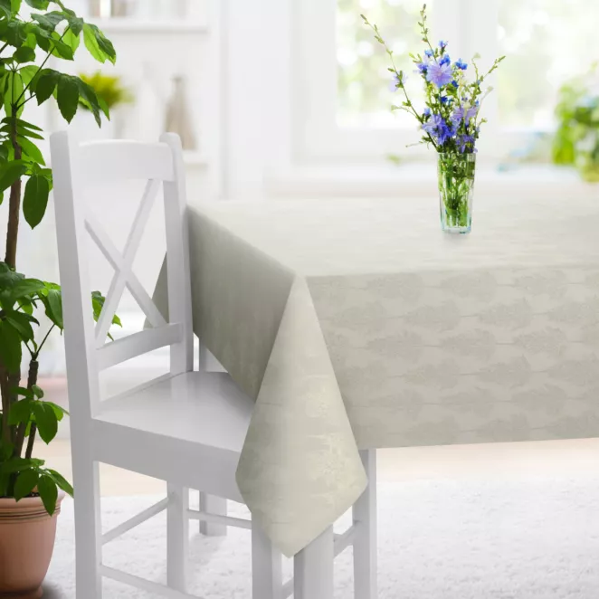 Obrus szyty kremowo srebrny z tkaniny w botaniczny wzór przetykany nicią metaliczną Italissima Eva Minge