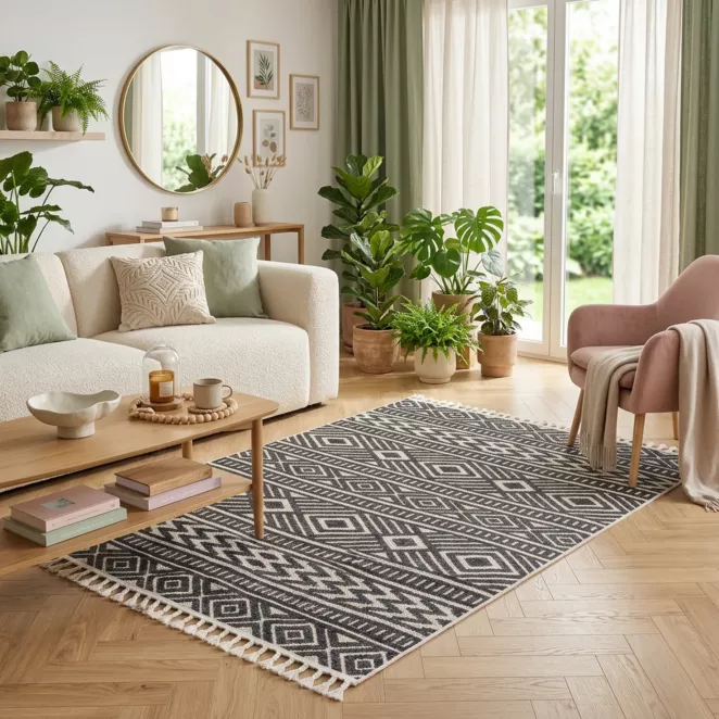 Dywan 80x200 cm ciemnoszary, kremowy z strukturalnym plecionym wzorem geometrycznym z frędzlami LINEA1 BOHO