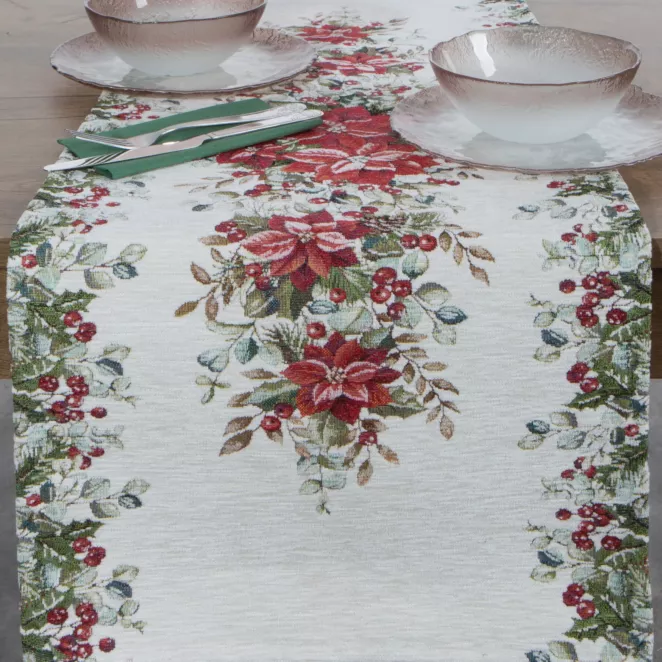 Świąteczny bieżnik kolor naturalno, zielony 45x140 cm z szenilowej tkaniny zdobiony świątecznym motywem
