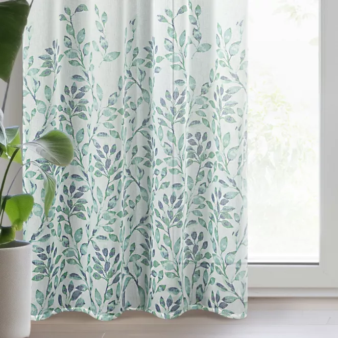 Dekoracja okienna biało, zielona z lekkiej etaminy z nadrukiem gałązek 140x270 cm taśma CLARISSA Design 91