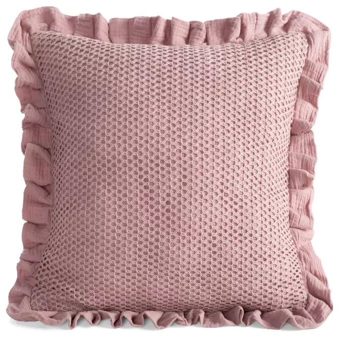 Poszewka na poduszkę 45x45 cm muślinowa z siateczką oraz ozdobną falbanką na brzegach pudrowa MUŚLIN 2
