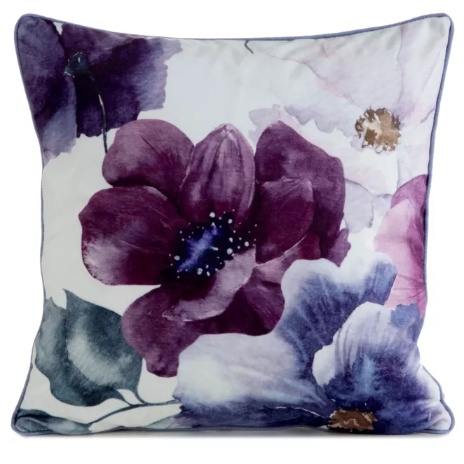 Poszewka na poduszkę 45x45 cm welwetowa, fioletowo kremowa, dwustronna z motywem kwiatów VELVET 124 Eurofirany Premium