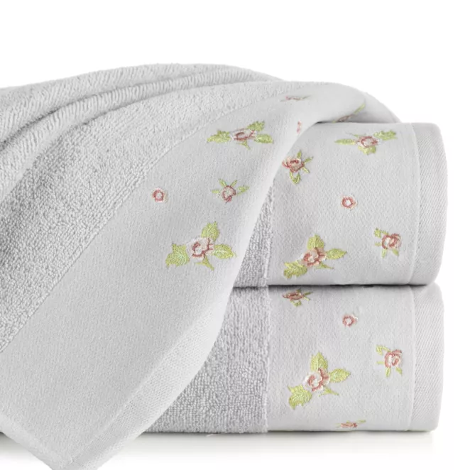 Ręcznik kąpielowy 50x90 cm bawełniany kolor srebrny zdobiony haftem różyczek DALIA
