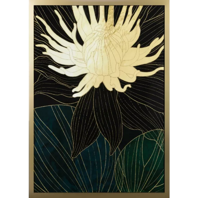 Obraz z nadrukiem liści i kwiatów w złotej ramce