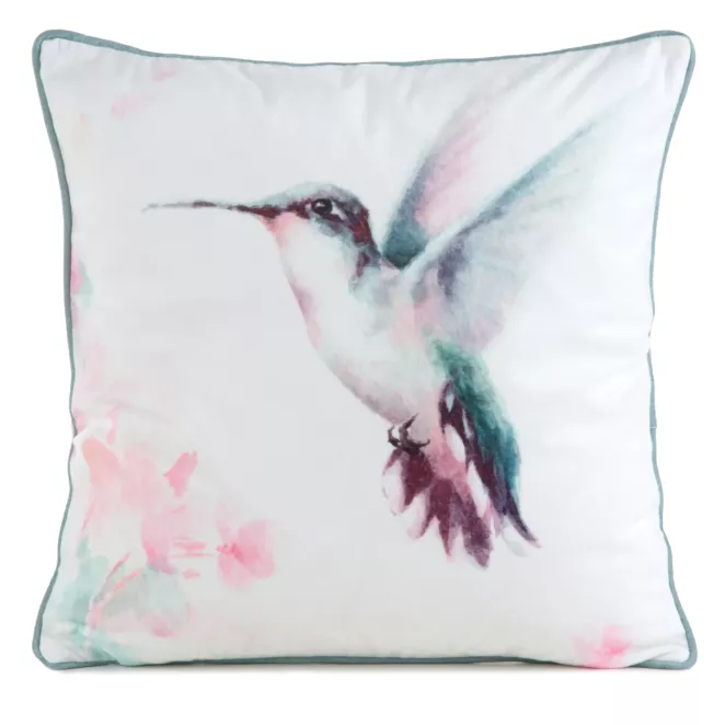 Poszewka na poduszkę 45x45 cm welwetowa, kremowo pudrowa. dwustronna z motywem koliberka VELEVT 138 Eurofirany Premium