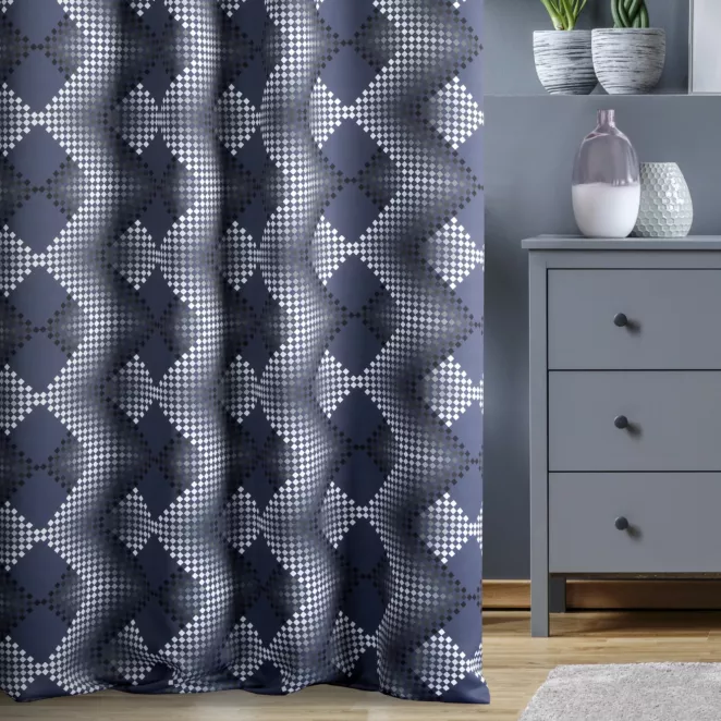 Zasłona szyta na taśmie 5 cm MELODY grafitowo jasnoszara z miękkiej tkaniny typu blackout drukowanej w nowoczesny geometryczny wzór