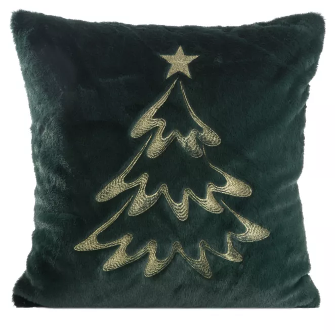 Poszewka na poduszkę świąteczna 45x45 cm ciemnozielono, szampańska z przyjemnego futerka zdobiona haftem choinki
