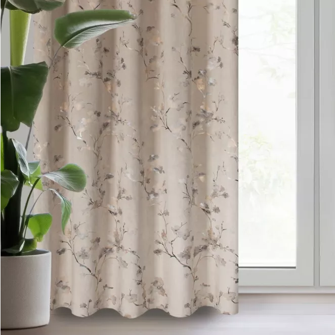 Zasłona welwetowa beżowo, szampańska z nadrukiem kwiatu jabłoni 140x270 cm taśma - SELENA