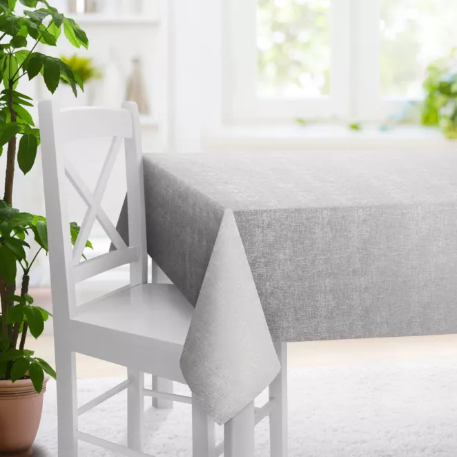 Obrus na wymiar beżowo srebrny z miękkiej półmatowej tkaniny welwetowej z metalicznym nadrukiem