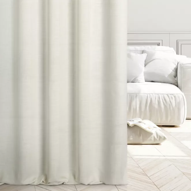 Zasłona szyta na taśmie 5 cm naturalno beżowa z tkaniny o naturalnym splocie, w stylu ekologicznym