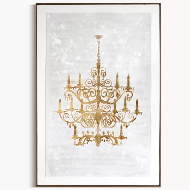 Obraz kremowo, brązowy z motywem dekoracyjnego żyrandola, ręcznie malowany na płótnie oprawiony w ramę 82x122 cm