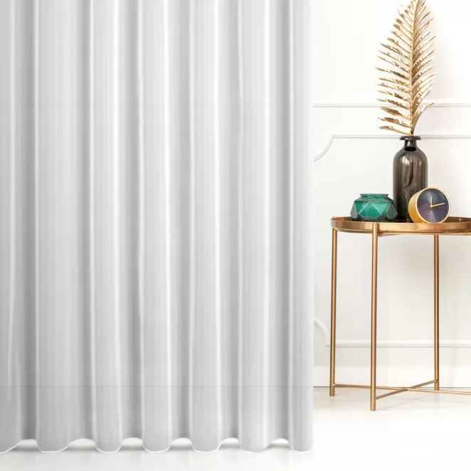 Firana szyta na taśmie 5 cm biała z matowego jedwabiście miękkiego woalu, wykończona obciążnikiem