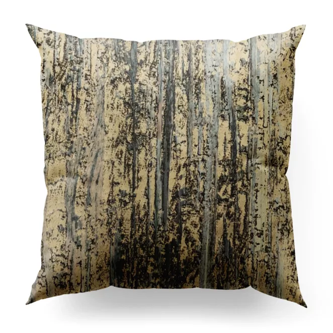 Poszewka szyta złoto niebieska z tkaniny welwetowej w pionowe pasy, zdobiona warstwą złotawego nadruku