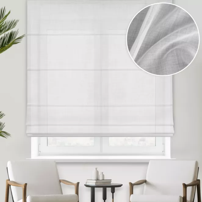 Roleta rzymska srebrna z gładkiej matowej etaminy o naturalnym splocie