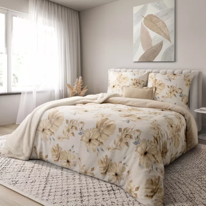 Pościel 140x200 cm komplet 2 częściowy satyna bawełniana kolor beżowo, kremowy z motywem roślinnym  SPRING 90