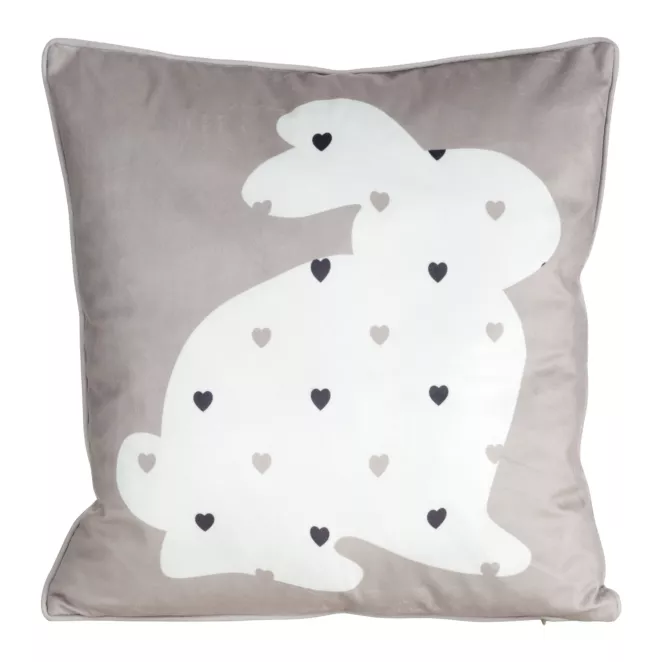 Poszewka na poduszkę 45x45 cm z weluru beżowo, biała zdobiona nadrukiem zajączka WIOSNA 3