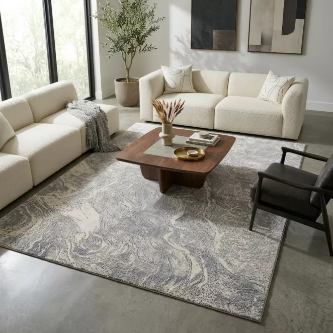 Dywan 60x100 cm stalowo, biały o eleganckiej żyłkowej strukturze inspirowany naturalnym kamieniem SALENA 9